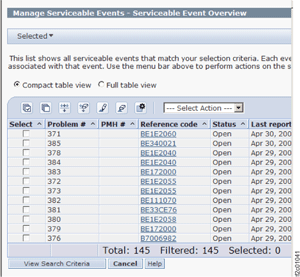 Window: Serviceable Events, Compact Table View