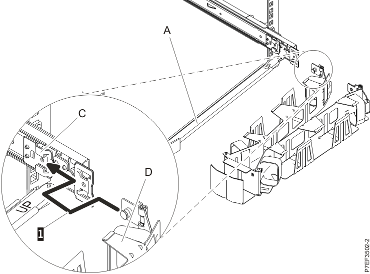 Cable management front arm latch to rail